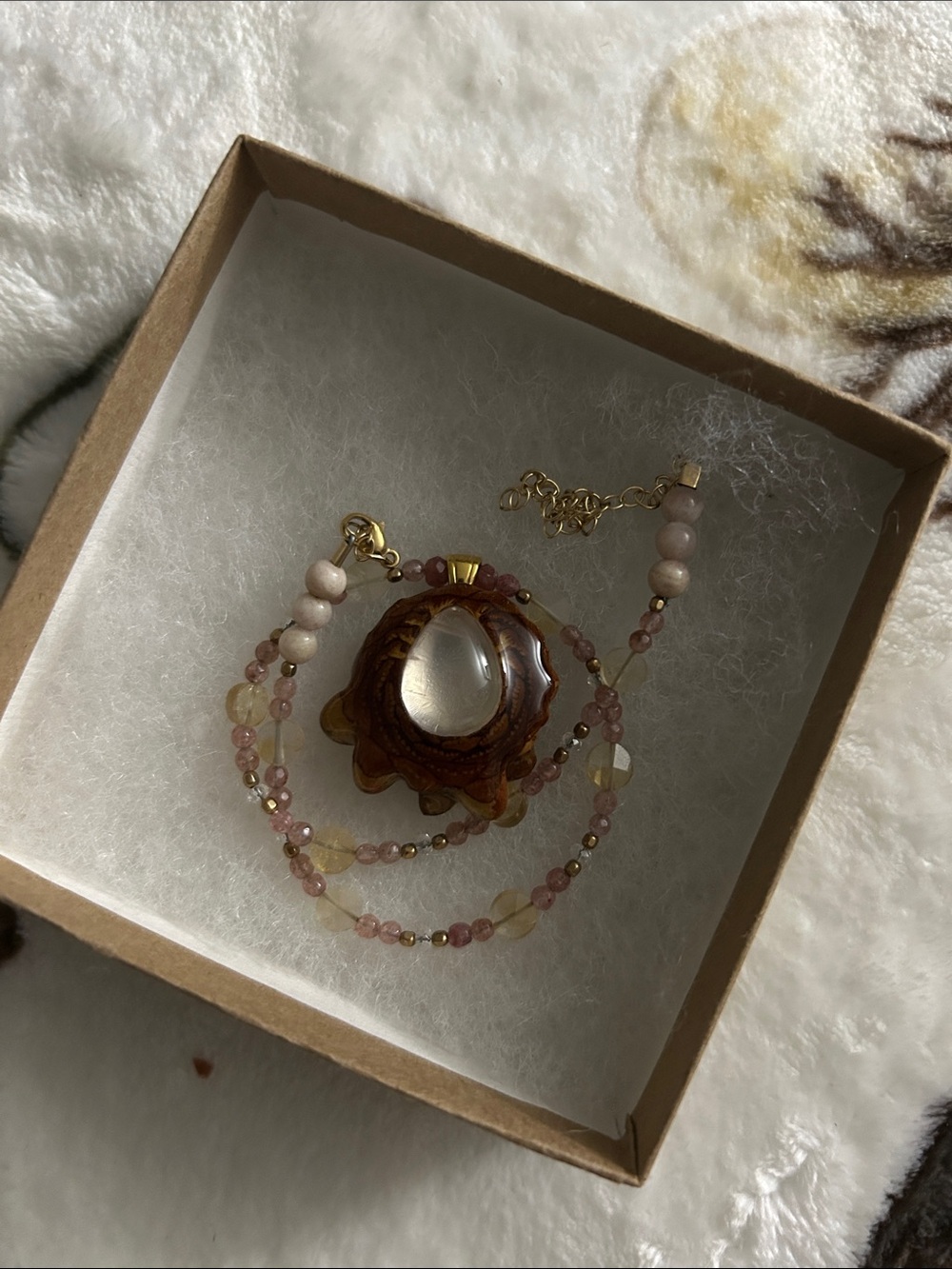 Handcrafted Brown Agate Pendant Necklace with Pink Beaded Chain